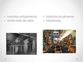 • Indústria atualmente
• robotizada
• Indústria antigamente
• Muita mão de obra
 