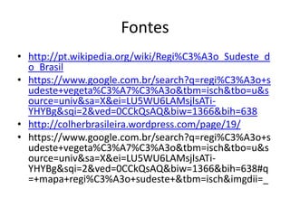 Fontes
• http://pt.wikipedia.org/wiki/Regi%C3%A3o_Sudeste_d
o_Brasil
• https://www.google.com.br/search?q=regi%C3%A3o+s
udeste+vegeta%C3%A7%C3%A3o&tbm=isch&tbo=u&s
ource=univ&sa=X&ei=LU5WU6LAMsjlsATi-
YHYBg&sqi=2&ved=0CCkQsAQ&biw=1366&bih=638
• http://colherbrasileira.wordpress.com/page/19/
• https://www.google.com.br/search?q=regi%C3%A3o+s
udeste+vegeta%C3%A7%C3%A3o&tbm=isch&tbo=u&s
ource=univ&sa=X&ei=LU5WU6LAMsjlsATi-
YHYBg&sqi=2&ved=0CCkQsAQ&biw=1366&bih=638#q
=+mapa+regi%C3%A3o+sudeste+&tbm=isch&imgdii=_
 