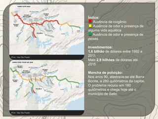 Índice: 
Ausência de oxigênio 
Ausência de odor e presença de 
alguma vida aquática 
Ausência de odor e presença de 
peixes 
Investimentos: 
1,6 bilhão de dólares entre 1992 e 
2011 
Mais 2,9 bilhões de dólares até 
2015 
Mancha de poluição: 
Nos anos 90, alastrava-se até Barra 
Bonita, a 280 quilômetros da capital. 
O problema recuou em 180 
quilômetros e chega hoje até o 
município de Salto. 
 