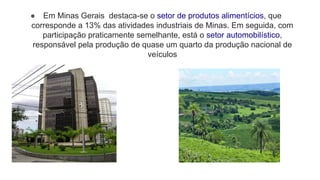 ● Em Minas Gerais destaca-se o setor de produtos alimentícios, que
corresponde a 13% das atividades industriais de Minas. Em seguida, com
participação praticamente semelhante, está o setor automobilístico,
responsável pela produção de quase um quarto da produção nacional de
veículos
 