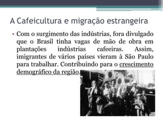 A Cafeicultura e migração estrangeira
• Com o surgimento das indústrias, fora divulgado
que o Brasil tinha vagas de mão de obra em
plantações indústrias cafeeiras. Assim,
imigrantes de vários países vieram à São Paulo
para trabalhar. Contribuindo para o crescimento
demográfico da região.
 