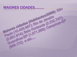 MAIORES CIDADES..........Maiores cidades (Habitantes/2000): São Paulo (10.405.867); Rio de Janeiro (5.851.914); Belo Horizonte (2.232.747); Guarulhos-SP (1.071.268); Campinas-SP (968.172)  e etc....