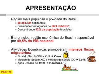 APRESENTAÇÃO 
Região mais populosa e povoada do Brasil: 
80.353.724 habitantes; 
Densidade Demográfica de 86,9 Hab/Km²; 
Concentrando 42% da população brasileira; 
É a principal região econômica do Brasil, responsável por 49,5% do PIB nacional; 
Atividades Econômicas promoveram intensos fluxos migratórios: 
Final do Século XVI a XVII  Ouro; 
Metade do Século XIX a meados do século XX  Café; 
Após Década de 1930  Indústrias. 
PÁG 178  