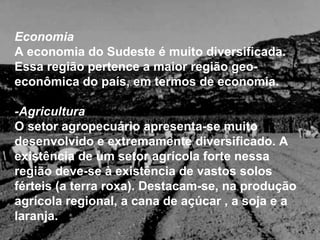 Economia
A economia do Sudeste é muito diversificada.
Essa região pertence a maior região geo-
econômica do país, em termos de economia.

-Agricultura
O setor agropecuário apresenta-se muito
desenvolvido e extremamente diversificado. A
existência de um setor agrícola forte nessa
região deve-se à existência de vastos solos
férteis (a terra roxa). Destacam-se, na produção
agrícola regional, a cana de açúcar , a soja e a
laranja.
 