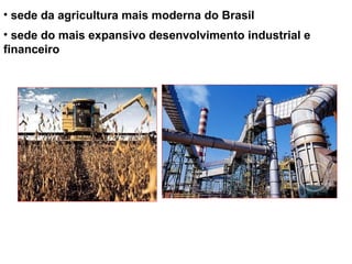 • sede da agricultura mais moderna do Brasil
• sede do mais expansivo desenvolvimento industrial e
financeiro
 