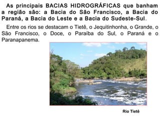 As principais BACIAS HIDROGRÁFICAS que banham
a região são: a Bacia do São Francisco, a Bacia do
Paraná, a Bacia do Leste e a Bacia do Sudeste-Sul .
 Entre os rios se destacam o Tietê, o Jequitinhonha, o Grande, o
São Francisco, o Doce, o Paraíba do Sul, o Paraná e o
Paranapanema.




                                                 Rio Tietê
 
