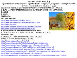 PROCESSO (CONTINUAÇÃO)
segue abaixo as questões e algumas sugestões de sites para pesquisa, que poderão ser complementados
conforme a necessidade e/ou interesse do grupo
OBSERVAÇÃO: TODAS AS QUESTÕES DEVERÃO SER ILUSTRADAS COM MAPAS E IMAGENS.
1- QUAIS SÃO AS UNIDADES FEDERATIVAS (E CAPITAIS) DA REGIÃO SUL? FALAR SOBRE:
O RELEVO
O CLIMA ,
A ECONOMIA
E OS TRANSPORTES .
http://www.portalbrasil.net/regiao_sul.htm
http://www.suapesquisa.com/geografia/regiao_sul.htm
http://regiao-sul.info/
http://www.estadosecapitaisdobrasil.com/regiao-sul.php
http://www.infoescola.com/geografia/regiao-sul/
2- VAMOS CONHECER AS CARACTERÍSTICAS CULTURAIS:
a) CITE ALGUMAS DANÇAS DA REGIÃO SUL. ESCOLHA UMA DELAS PARA
VOCÊS EXPLICAREM.
b) CITE ALGUMA FESTAS TRADICIONAIS, LENDAS E ALGUNS
PRATOS E BEBIDAS TRADICIONAIS DA REGIÃO.
http://dancas-tipicas.info/mos/view/Sul/
http://www.miniweb.com.br/Cidadania/dicas/folclore_regioes.html
http://www.brasilescola.com/brasil/aspectos-culturais-regiao-sul.htm
http://poemia.wordpress.com/2008/08/20/dancas-folcloricas-brasileiras-sul/
http://www.aprendemos.com.br/educacao/aspectos-culturais-da-regiao-sul/
http://sociologomes.wordpress.com/2010/06/09/aspectos-culturais-da-regiao-sul-do-brasil/
http://regiao-sul.info/mos/view/Comidas_T%C3%ADpicas/
http://culinarianomundo.blogspot.com.br/2012/06/pratos-tipicos-da-regiao-sul-do-brasil.html
 