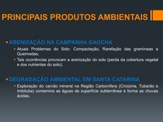 ARENIZAÇÃO NA CAMPANHA GAÚCHA
 Atuais Problemas do Solo: Compactação, Rarefação das gramíneas e
Queimadas;
 Tais ocorrências provocam a arenização do solo (perda da cobertura vegetal
e dos nutrientes do solo);
DEGRADAÇÃO AMBIENTAL EM SANTA CATARINA
 Exploração do carvão mineral na Região Carbonífera (Criciúma, Tubarão e
Imbituba) contamina as águas de superfície subterrânea e forma as chuvas
ácidas.
PRINCIPAIS PRODUTOS AMBIENTAIS
 