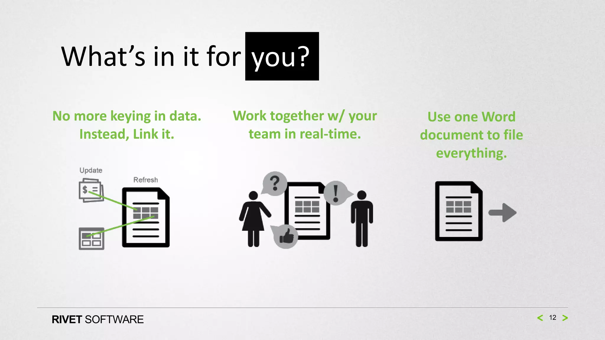What’s in it for you?
No more keying in data.   Work together w/ your    Use one Word
   Instead, Link it.       team in real-time.     document to file
                                                    everything.




RIVET SOFTWARE                                                       12
 