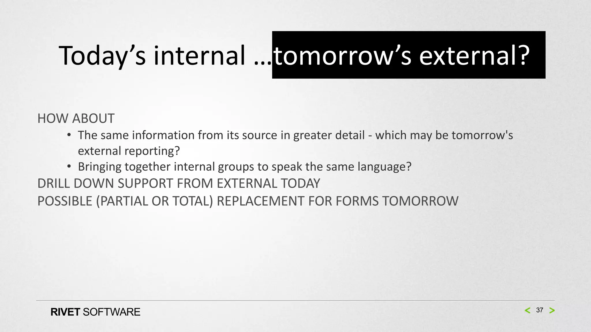 Today’s internal …tomorrow’s external?
HOW ABOUT
    • The same information from its source in greater detail - which may be tomorrow's
      external reporting?
    • Bringing together internal groups to speak the same language?
DRILL DOWN SUPPORT FROM EXTERNAL TODAY
POSSIBLE (PARTIAL OR TOTAL) REPLACEMENT FOR FORMS TOMORROW




 RIVET SOFTWARE                                                                          37
 