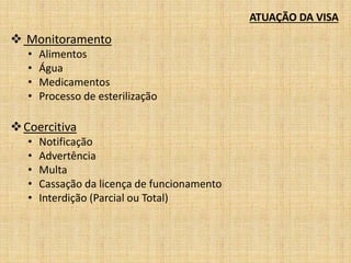ATUAÇÃO DA VISA 
 Monitoramento 
• Alimentos 
• Água 
• Medicamentos 
• Processo de esterilização 
Coercitiva 
• Notificação 
• Advertência 
• Multa 
• Cassação da licença de funcionamento 
• Interdição (Parcial ou Total) 
 