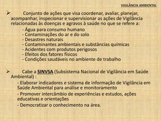 VIGILÂNCIA AMBIENTAL 
 Conjunto de ações que visa coordenar, avaliar, planejar, 
acompanhar, inspecionar e supervisionar as ações de Vigilância 
relacionadas às doenças e agravos à saúde no que se refere a: 
- Água para consumo humano 
- Contaminações do ar e do solo 
- Desastres naturais 
- Contaminantes ambientais e substâncias químicas 
- Acidentes com produtos perigosos 
- Efeitos dos fatores físicos 
- Condições saudáveis no ambiente de trabalho 
 Cabe a SINVSA (Subsistema Nacional de Vigilância em Saúde 
Ambiental) : 
- Elaborar indicadores e sistema de informação de Vigilância em 
Saúde Ambiental para análise e monitoramento 
- Promover intercâmbio de experiências e estudos, ações 
educativas e orientações 
- Democratizar o conhecimento na área. 
 