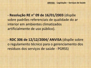 ANVISA - Legislação – Serviços de Saúde 
- Resolução RE n° 09 de 16/01/2003 (dispõe 
sobre padrões referenciais de qualidade do ar 
interior em ambientes climatizados 
artificialmente de uso público). 
- RDC 306 de 12/12/2004/ ANVISA (dispõe sobre 
o regulamento técnico para o gerenciamento dos 
resíduos dos serviços de saúde - PGRSS) 
 