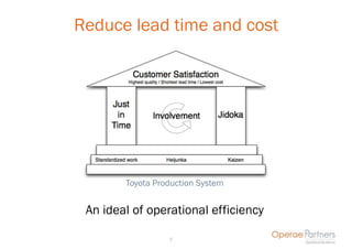Reduce lead time and cost




        Toyota Production System


 An ideal of operational efficiency

                  7
 