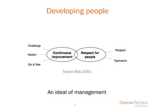 Developing people




     Toyota Way 2001




An ideal of management

           8
 