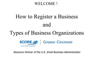 WELCOME ! How to Register a Business and Types of Business Organizations Presented by: Resource Partner of the U.S. Small Business Administration 