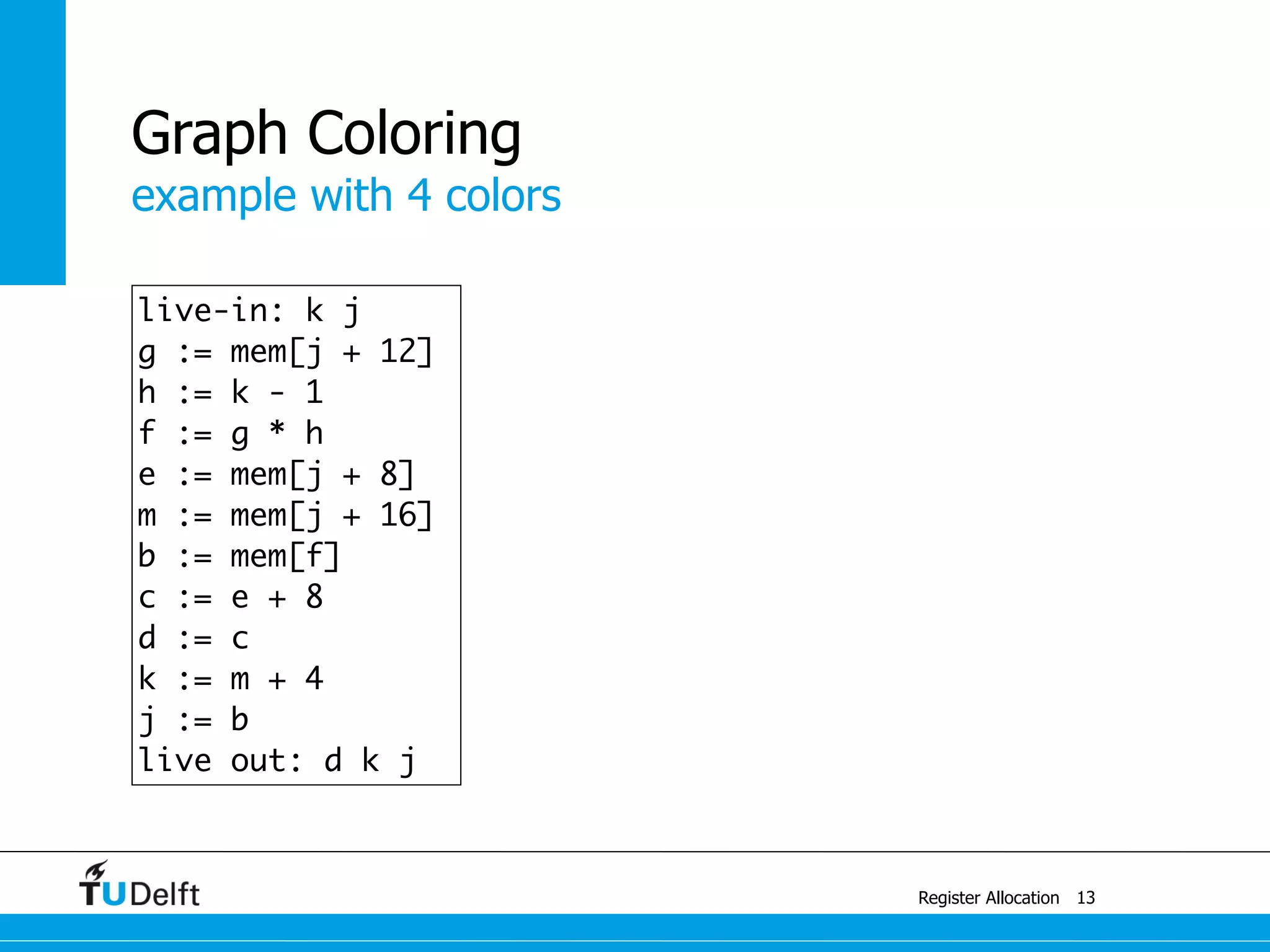 example with 4 colors
Register Allocation
Graph Coloring
13
live-in: k j
g := mem[j + 12]
h := k - 1
f := g * h
e := mem[j + 8]
m := mem[j + 16]
b := mem[f]
c := e + 8
d := c
k := m + 4
j := b
live out: d k j
 
