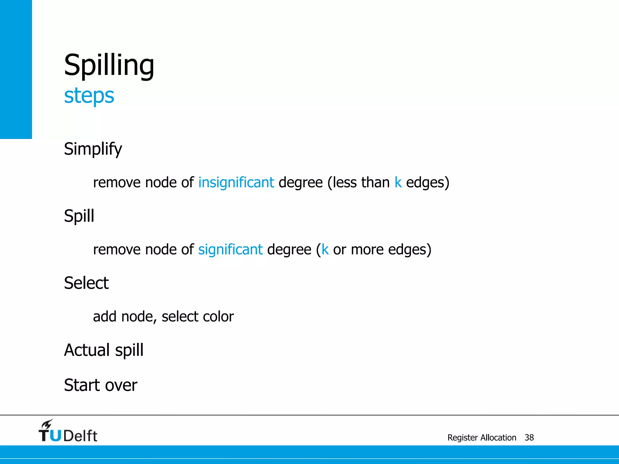 steps
Register Allocation
Spilling
Simplify
remove node of insignificant degree (less than k edges)
Spill
remove node of significant degree (k or more edges)
Select
add node, select color
Actual spill
Start over
38
 