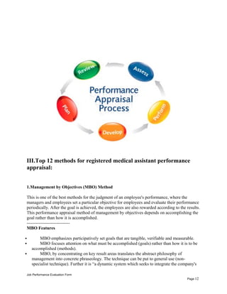 III.Top 12 methods for registered medical assistant performance
appraisal:
1.Management by Objectives (MBO) Method
This is one of the best methods for the judgment of an employee's performance, where the
managers and employees set a particular objective for employees and evaluate their performance
periodically. After the goal is achieved, the employees are also rewarded according to the results.
This performance appraisal method of management by objectives depends on accomplishing the
goal rather than how it is accomplished.
-----------------------------
MBO Features
 MBO emphasizes participatively set goals that are tangible, verifiable and measurable.
 MBO focuses attention on what must be accomplished (goals) rather than how it is to be
accomplished (methods).
 MBO, by concentrating on key result areas translates the abstract philosophy of
management into concrete phraseology. The technique can be put to general use (non-
specialist technique). Further it is “a dynamic system which seeks to integrate the company's
Job Performance Evaluation Form
Page 12
 