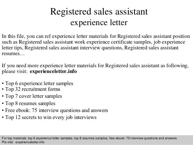 registered sales assistant experience letter registered sales assistant resumes