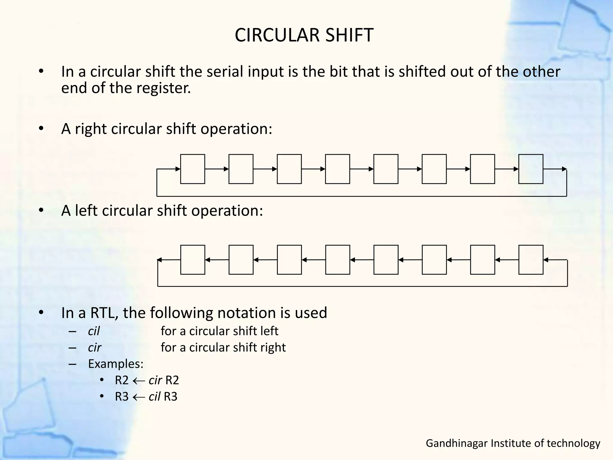 CIRCULAR SHIFT
• In a circular shift the serial input is the bit that is shifted out of the other
end of the register.
• A right circular shift operation:
• A left circular shift operation:
• In a RTL, the following notation is used
– cil for a circular shift left
– cir for a circular shift right
– Examples:
• R2  cir R2
• R3  cil R3
Gandhinagar Institute of technology
 