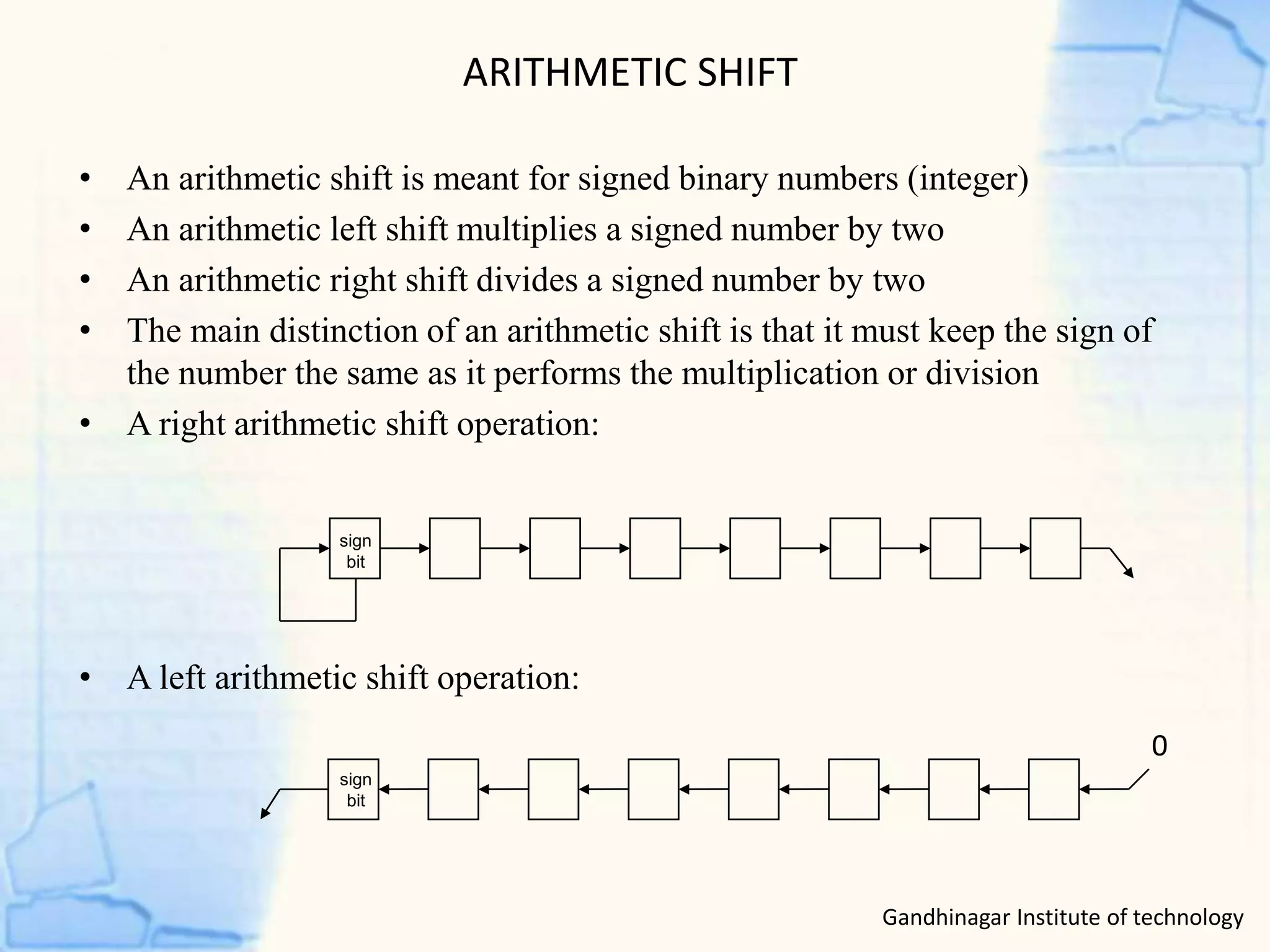 ARITHMETIC SHIFT
• An arithmetic shift is meant for signed binary numbers (integer)
• An arithmetic left shift multiplies a signed number by two
• An arithmetic right shift divides a signed number by two
• The main distinction of an arithmetic shift is that it must keep the sign of
the number the same as it performs the multiplication or division
• A right arithmetic shift operation:
• A left arithmetic shift operation:
0
sign
bit
sign
bit
Gandhinagar Institute of technology
 