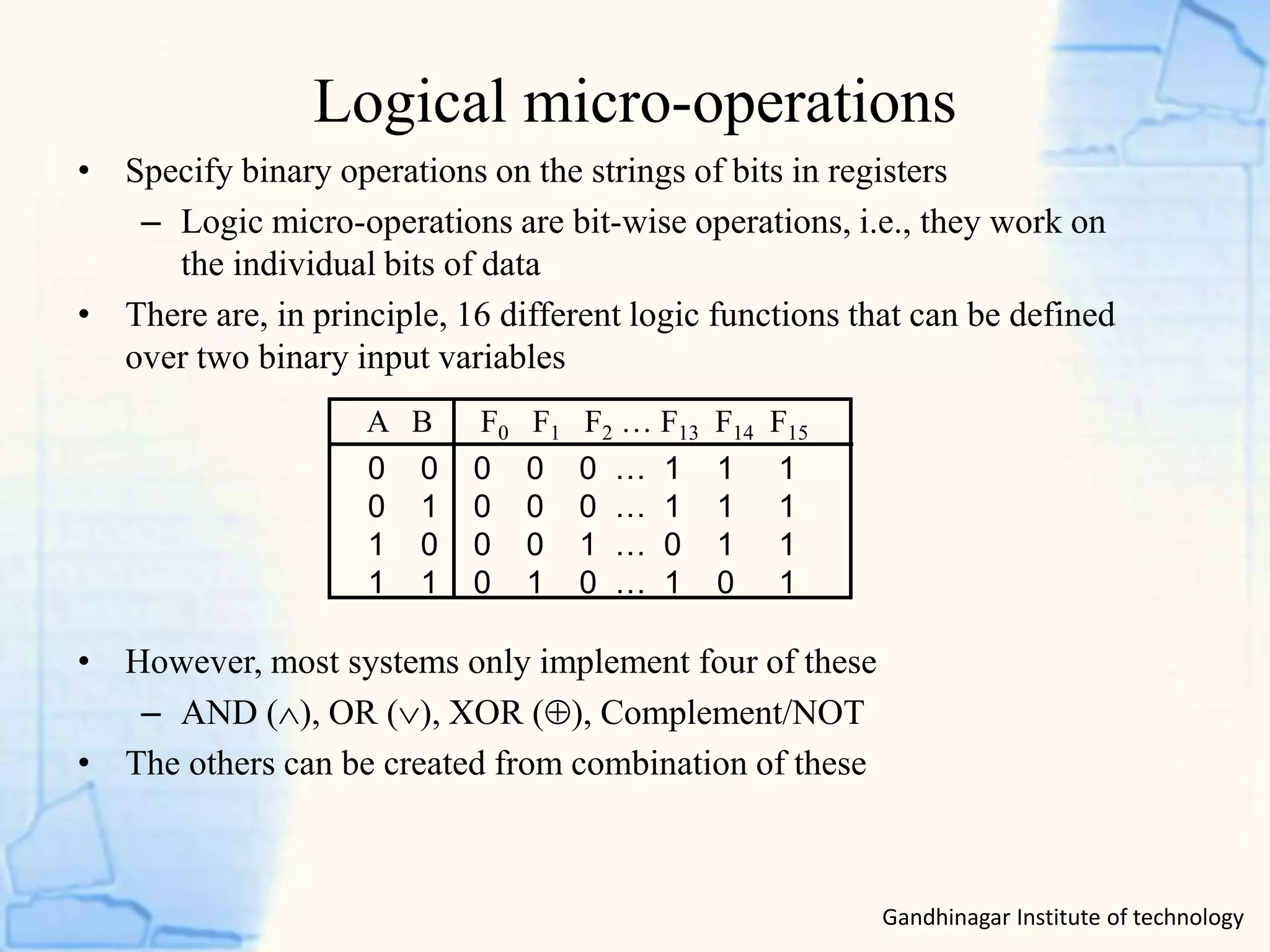 Logical micro-operations
Gandhinagar Institute of technology
• Specify binary operations on the strings of bits in registers
– Logic micro-operations are bit-wise operations, i.e., they work on
the individual bits of data
• There are, in principle, 16 different logic functions that can be defined
over two binary input variables
• However, most systems only implement four of these
– AND (), OR (), XOR (), Complement/NOT
• The others can be created from combination of these
0 0 0 0 0 … 1 1 1
0 1 0 0 0 … 1 1 1
1 0 0 0 1 … 0 1 1
1 1 0 1 0 … 1 0 1
A B F0 F1 F2 … F13 F14 F15
 