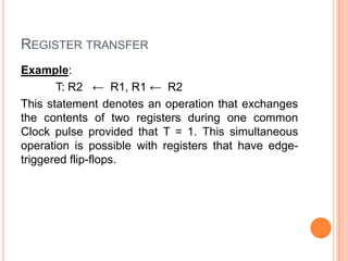 Register transfer,[object Object],Example:,[object Object],	T: R2   ←  R1, R1 ←  R2,[object Object],This statement denotes an operation that exchanges the contents of two registers during one common Clock pulse provided that T = 1. This simultaneous operation is possible with registers that have edge-triggered flip-flops.,[object Object]