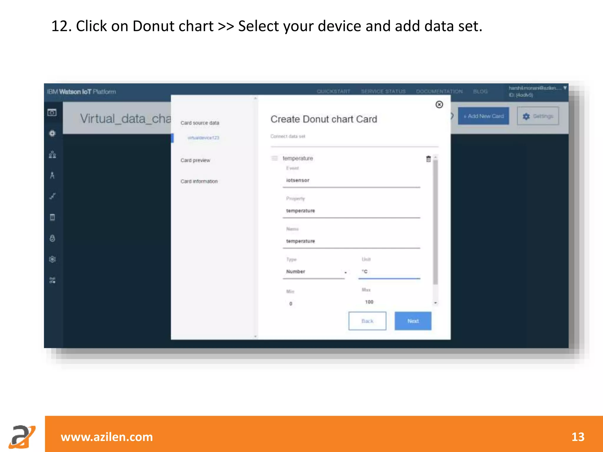 www.azilen.com 13
12. Click on Donut chart >> Select your device and add data set.
 