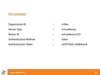 www.azilen.com 08
For example:
Organization ID : rri9kn
Device Type : virtualdevice
Device ID : virtualdevice123
Authentication Method : token
Authentication Token : eOTP?4zGr-LYo&Rmn8
 