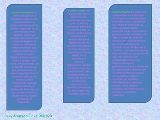 Sistema Australiano: el
contenido registral se
considera exacto de una
manera absoluta. La
eficacia constitutiva de los
asientos regístrales es tal,
que no existen más
derechos reales que
aquellos que nacieron por
medio del Registro. El
asiento es totalmente
independiente del acto,
negocio o título que lo
propició. Lo que el
Registro publica es toda y
la única verdad y, por
tanto, ordinariamente, no
es factible atacarlo, ya
que, técnicamente, no
existe disparidad entre el
contenido registral y la
realidad jurídica
extraregístral. Australia
adoptó, además, el
sistema del título real, ya
que no existe más título
del derecho real que el
emitido por el
Registrador.
Sistema Español. En el Derecho
antiguo deberemos distinguir
tres etapas, una primera época
la primitiva, que se caracteriza
por la falta de publicidad, así
como de solemnidades
especiales para la transmisión y
gravamen de los inmuebles. Una
segunda etapa de recepción
científica del Derecho Romano,
que se caracteriza por la
introducción por la figura de la
“traditio”, y una tercera etapa de
toma de razón que se inicia en el
siglo XVI, que crea una
publicidad por medio del
Registro de cargas y
gravámenes, ya que la existencia
de determinados derechos que
no tenían contacto posesorio
con la persona u objeto,
suponían una auténtica
dificultad para su aparición,
censos, rentas, tributos,
hipotecas, eran derechos que
existían y necesitaban
publicidad.
Sistema Alemán los
asientos del registro
tienen función
constitutiva, pero para
surtir sus efectos
precisa que previo a la
inscripción exista un
negocio jurídico causal
justificativo del
derecho real que el
Registro da vida. El
contenido del registro
se presume exacto,
mientras, en la forma
debida, no se
demuestre lo
contrario
(legitimación registral
), y dicho contenido,
aunque disienta de la
realidad jurídica, es
mantenido a favor de
terceros que
adquirieron sus
derechos confiados en
los datos regístrales
(fe pública registral).
Belly Alvarado CI: 21.048.920
 