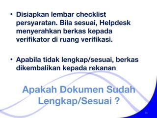 Apakah Dokumen Sudah Lengkap/Sesuai ? Disiapkan lembar checklist persyaratan. Bila sesuai, Helpdesk menyerahkan berkas kepada verifikator di ruang verifikasi.  Apabila tidak lengkap/sesuai, berkas dikembalikan kepada rekanan 