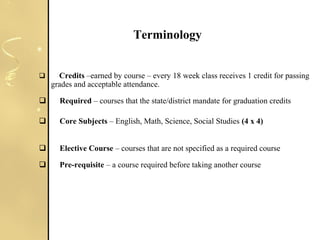 Terminology
 
       Credits –earned by course – every 18 week class receives 1 credit for passing
grades and acceptable attendance.
      Required – courses that the state/district mandate for graduation credits
           
      Core Subjects – English, Math, Science, Social Studies (4 x 4)
  
      Elective Course – courses that are not specified as a required course
      Pre-requisite – a course required before taking another course
 