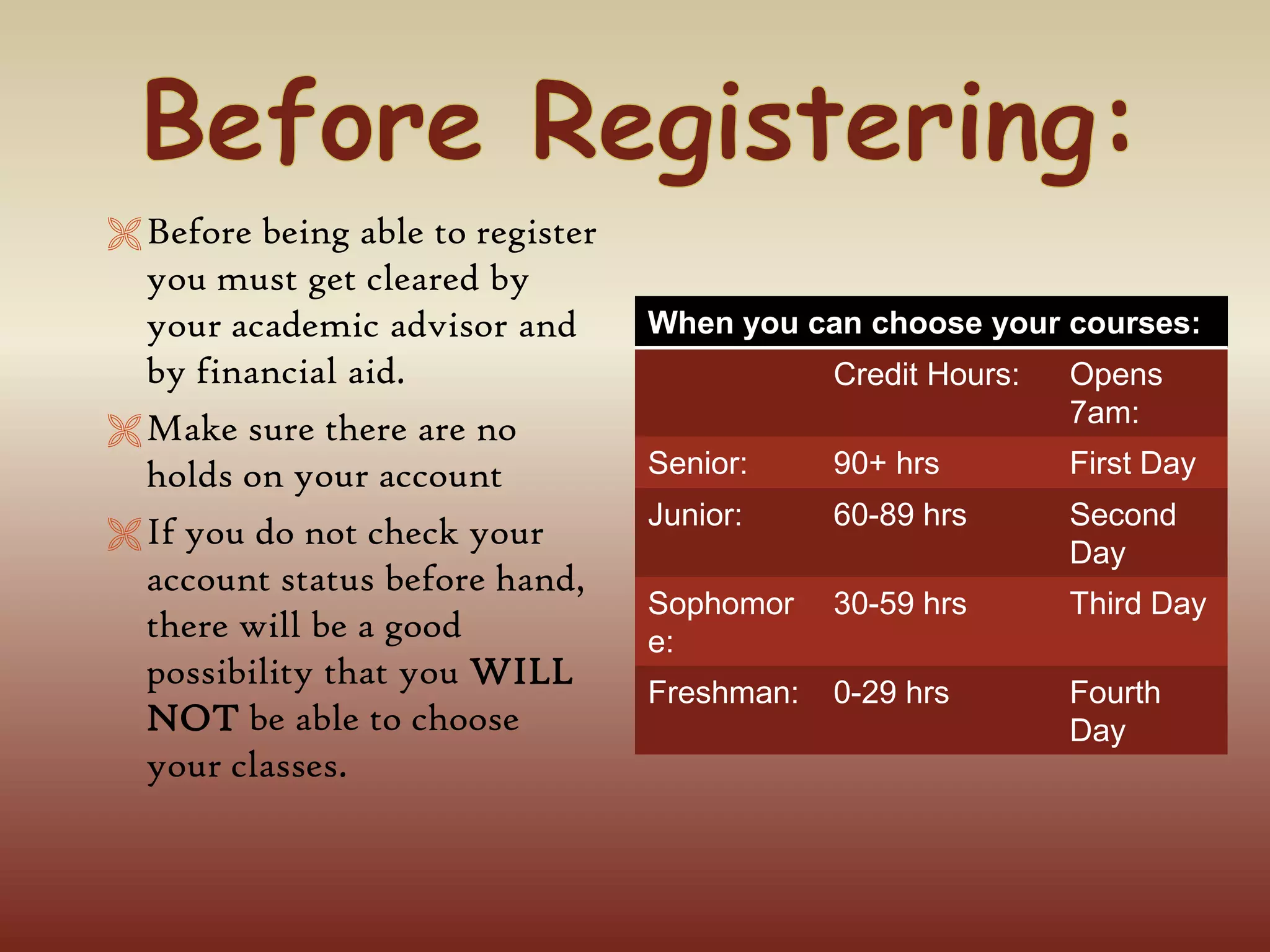 Before Registering:Before being able to register you must get cleared by your academic advisor and by financial aid. 