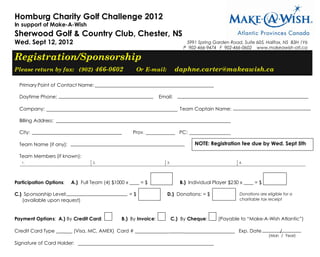 Homburg Charity Golf Challenge 2012
In support of Make-A-Wish
Sherwood Golf & Country Club, Chester, NS
Wed. Sept 12, 2012                                                              5991 Spring Garden Road, Suite 605, Halifax, NS B3H 1Y6
                                                                               P 902-466-9474 F 902-466-0602 www.makeawish-atl.ca

Registration/Sponsorship
Please return by fax: (902) 466-0602                   Or E-mail:           daphne.carter@makeawish.ca

  Primary Point of Contact Name:

  Daytime Phone:                                                   Email:

  Company:                                                                    Team Captain Name:

  Billing Address:

  City:                                               Prov.                   PC:

  Team Name (if any):                                                               NOTE: Registration fee due by Wed. Sept 5th

  Team Members (if known):
   1.                               2.                                3.                                4.




Participation Options:     A.) Full Team (4) $1000 x ____ = $                 B.) Individual Player $250 x ____ = $

C.) Sponsorship Level:                              =$                D.) Donations: = $                 Donations are eligible for a
   (available upon request)                                                                              charitable tax receipt



Payment Options: A.) By Credit Card:             B.) By Invoice:           C.) By Cheque:      (Payable to “Make-A-Wish Atlantic”)

Credit Card Type _       ___ (Visa, MC, AMEX) Card # ______________             _____________________ Exp. Date               /
                                                                                                                        (Mon / Year)
Signature of Card Holder:
 