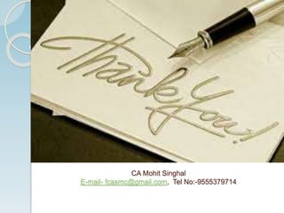CA Mohit Singhal
E-mail- fcasmc@gmail.com, Tel No:-9555379714
 