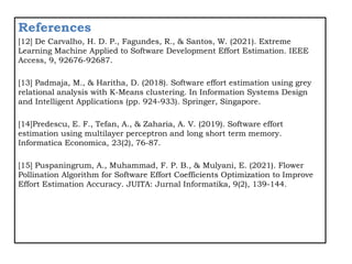 References
[12] De Carvalho, H. D. P., Fagundes, R., & Santos, W. (2021). Extreme
Learning Machine Applied to Software Development Effort Estimation. IEEE
Access, 9, 92676-92687.
[13] Padmaja, M., & Haritha, D. (2018). Software effort estimation using grey
relational analysis with K-Means clustering. In Information Systems Design
and Intelligent Applications (pp. 924-933). Springer, Singapore.
[14]Predescu, E. F., Tefan, A., & Zaharia, A. V. (2019). Software effort
estimation using multilayer perceptron and long short term memory.
Informatica Economica, 23(2), 76-87.
[15] Puspaningrum, A., Muhammad, F. P. B., & Mulyani, E. (2021). Flower
Pollination Algorithm for Software Effort Coefficients Optimization to Improve
Effort Estimation Accuracy. JUITA: Jurnal Informatika, 9(2), 139-144.
 