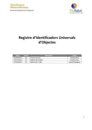 Centre de Competències d’Integració




            Registre d’Identificadors Universals
                         d’Objectes


        Data        Versió                       Descripció        Autor
     26/09/2011      1.0     Primera versió                    Ariadna Rius
     11/11/2011      1.1     Addició de 2 OIDs                 Ariadna Rius
     17/10/2012      1.2     Addició de 1 OID                 David Rodríguez




                                                                                1
 