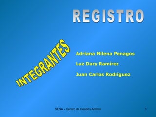 REGISTRO INTEGRANTES Adriana Milena Penagos Luz Dary Ramírez Juan Carlos Rodríguez 