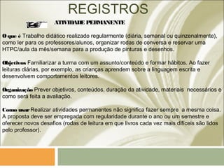 REGISTROS
ATIVIDADE PERMANENTE
Oque é Trabalho didático realizado regularmente (diária, semanal ou quinzenalmente),
como ler para os professores/alunos, organizar rodas de conversa e reservar uma
HTPC/aula da mês/semana para a produção de pinturas e desenhos.
Objetivos Familiarizar a turma com um assunto/conteúdo e formar hábitos. Ao fazer
leituras diárias, por exemplo, as crianças aprendem sobre a linguagem escrita e
desenvolvem comportamentos leitores.
Organização Prever objetivos, conteúdos, duração da atividade, materiais necessários e
como será feita a avaliação.
Como usarRealizar atividades permanentes não significa fazer sempre a mesma coisa.
A proposta deve ser empregada com regularidade durante o ano ou um semestre e
oferecer novos desafios (rodas de leitura em que livros cada vez mais difíceis são lidos
pelo professor).
 