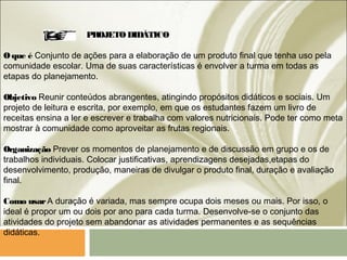 PROJETODIDÁTICO
Oque é Conjunto de ações para a elaboração de um produto final que tenha uso pela
comunidade escolar. Uma de suas características é envolver a turma em todas as
etapas do planejamento.
Objetivo Reunir conteúdos abrangentes, atingindo propósitos didáticos e sociais. Um
projeto de leitura e escrita, por exemplo, em que os estudantes fazem um livro de
receitas ensina a ler e escrever e trabalha com valores nutricionais. Pode ter como meta
mostrar à comunidade como aproveitar as frutas regionais.
Organização Prever os momentos de planejamento e de discussão em grupo e os de
trabalhos individuais. Colocar justificativas, aprendizagens desejadas,etapas do
desenvolvimento, produção, maneiras de divulgar o produto final, duração e avaliação
final.
Como usarA duração é variada, mas sempre ocupa dois meses ou mais. Por isso, o
ideal é propor um ou dois por ano para cada turma. Desenvolve-se o conjunto das
atividades do projeto sem abandonar as atividades permanentes e as sequências
didáticas.
 
