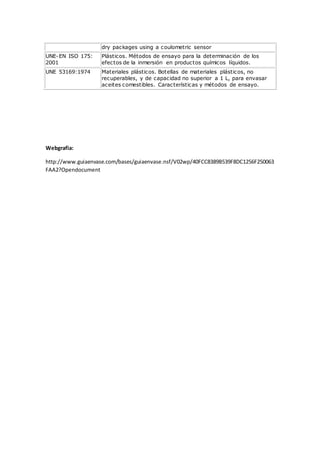 dry packages using a coulometric sensor
UNE-EN ISO 175:
2001
Plásticos. Métodos de ensayo para la determinación de los
efectos de la inmersión en productos químicos líquidos.
UNE 53169:1974 Materiales plásticos. Botellas de materiales plásticos, no
recuperables, y de capacidad no superior a 1 L, para envasar
aceites comestibles. Características y métodos de ensayo.
Webgrafia:
http://www.guiaenvase.com/bases/guiaenvase.nsf/V02wp/40FCC8389B539F8DC1256F250063
FAA2?Opendocument
 