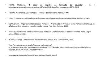 FREIRE, Madalena.  O papel do registro na formação do educador .  In: < http://www.pedagogico.com.br/edicoes/8/artigo2242-1.asp?o=r > acesso em 20/01/2010 FREITAS, Alexandre S. Os desafios da Formação de Professores no Século XXI: Telma F. Formação continuada de professores: questões para reflexão. Belo Horizonte: Autêntica, 2005. GÓMEZ, C. M. – O pensamento Prático do Professor – A formação do Professor como Profissional reflexivo. In: NÓVOA, A. Os professores e sua Formação. Lisboa: Pub. Dom Quixote, 1995. PERRENOUD, Philippe. A Prática reflexiva do professor : profissionalização e razão  docente. Porto Alegre: Artmed Editora, 2002. NÓVOA, A. (org.)- Os Professores e sua Formação. Lisboa: Pub. Dom Quixote, 1995.   http://crv.educacao.mg.gov.br/sistema_crv/index.asp?id_projeto=27&ID_OBJETO=35606&tipo=ob&cp=000000&cb=&n1=&n2=Biblioteca%20Virtual&n3=Dicion%E1rio%20da%20Educa%E7%E3o&n4=&b=s http://www.alb.com.br/anais16/sem10pdf/sm10ss09_09.pdf 