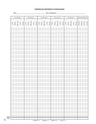 18 Presente = P Tardanza = T Ausente = A Excusa = E
Total de
asistencia
diaria
CONTROL DE ASISTENCIA Y PUNTUALIDAD
Mes:_____________________________________ Días trabajados:_____________________________________
1ra. Semana 2da. Semana 3ra. Semana 4ta. Semana 5ta. Semana Resumen del mes
Lunes
Martes
Miércoles
Jueves
Viernes
Lunes
Martes
Miércoles
Jueves
Viernes
Lunes
Martes
Miércoles
Jueves
Viernes
Lunes
Martes
Miércoles
Jueves
Viernes
Lunes
Martes
Miércoles
Jueves
Viernes
Presente
Tardanza
Ausente
Excusa
 