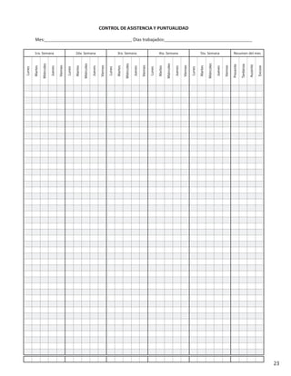 23
CONTROL DE ASISTENCIA Y PUNTUALIDAD
Mes:_____________________________________ Días trabajados:_____________________________________
1ra. Semana 2da. Semana 3ra. Semana 4ta. Semana 5ta. Semana Resumen del mes
Lunes
Martes
Miércoles
Jueves
Viernes
Lunes
Martes
Miércoles
Jueves
Viernes
Lunes
Martes
Miércoles
Jueves
Viernes
Lunes
Martes
Miércoles
Jueves
Viernes
Lunes
Martes
Miércoles
Jueves
Viernes
Presente
Tardanza
Ausente
Excusa
 