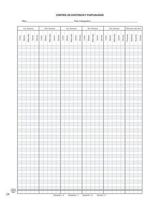 24 Presente = P Tardanza = T Ausente = A Excusa = E
Total de
asistencia
diaria
CONTROL DE ASISTENCIA Y PUNTUALIDAD
Mes:_____________________________________ Días trabajados:_____________________________________
1ra. Semana 2da. Semana 3ra. Semana 4ta. Semana 5ta. Semana Resumen del mes
Lunes
Martes
Miércoles
Jueves
Viernes
Lunes
Martes
Miércoles
Jueves
Viernes
Lunes
Martes
Miércoles
Jueves
Viernes
Lunes
Martes
Miércoles
Jueves
Viernes
Lunes
Martes
Miércoles
Jueves
Viernes
Presente
Tardanza
Ausente
Excusa
 