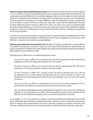 35
Informe especial sobre la alfabetización inicial. Al final del año escolar la/el docente de los grados
1º, 2º y 3º rendirá un Informe especial donde presenta al equipo de gestión del Centro Educativo las
etapasdelprocesodeAlfabetizaciónInicialalcanzadasporcadaniña/o.Debeademásinformarelnivel
de avance en el logro de las competencias matemáticas. Se espera que una niña y un niño al finalizar
el primer grado se encuentren en la etapa alfabética, según los indicadores de logro establecidos
en el Currículo. Al menos el 70% de las niñas y los niños que cursan el primer grado deben alcanzar
la etapa alfabética inicial; al menos el 98% de las niñas y los niños que cursan el segundo grado
alcanzan la etapa alfabética y, el 100% de las niñas y los niños que cursan el tercer grado han logrado
completar el proceso de Alfabetización Inicial mostrando dominio de las competencias específicas
de la Lengua Española.
Las niñas y los niños que al finalizar el segundo grado no logren el proceso de Alfabetización Inicial
esperado, habiéndose desarrollado las diferentes intervenciones pedagógicas del docente, serán
referidos a un proceso de evaluación psicopedagógica.
Criterios para determinar la aprobación en 4º, 5º y 6º. Para asignar la calificación correspondiente
al resultado final del área se tomará en cuenta el cuarto reporte de evaluación de cada indicador de
logro consignada en el Registro de Grado, debido a que representa el estado final de los aprendizajes
del estudiante al cierre del año escolar.
Para expresar las calificaciones se utilizará la siguiente escala:
Un área curricular se califica en A cuando el niño o la niña ha logrado entre 90 y 100% de los
indicadores en el cuarto reporte de evaluación del año escolar.
Un área curricular se califica en B cuando el niño o la niña ha logrado entre 80 y 89% de los
indicadores en el cuarto reporte de evaluación del año escolar.
Un área curricular se califica en C cuando el niño o la niña ha logrado entre 65 y 79% de
los indicadores en el cuarto reporte de evaluación del año escolar. También se califica en C
estudiantes que hayan logrado entre el 60 y 64 % de los indicadores y el 21% o más se encuentra
en proceso.
Un área curricular se califica en I (insuficiente) cuando el niño o la niña ha logrado el 59 % o
menos de los indicadores en el cuarto reporte de evaluación del año escolar.
Pasaarecuperaciónpedagógicala/elestudiantequeha logrado el59% o menos de indicadores
logrados en una o más áreas curriculares. También aquellos/as estudiantes que tienen entre el
60 y 64 % de los indicadores logrados y 20% o menos de indicadores en proceso.
En los grados 1º y 2º, la y el docente no utiliza la equivalencia literal, pero determina el por ciento
de los indicadores para obtener el resultado del proceso, analizar y tomar las decisiones pertinentes
sobre la situación de los aprendizajes de la niña o del niño y preparar los apoyos necesarios para
alcanzar su Alfabetización Inicial, así como para elaborar el informe final de cada niña y cada niño.
 