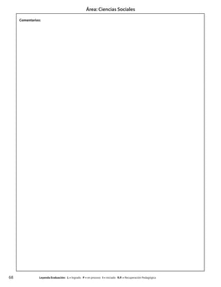 68
Área: Ciencias Sociales
		Leyenda Evaluación: L = logrado P = en proceso I = iniciado R.P. = Recuperación Pedagógica
Comentarios:
 