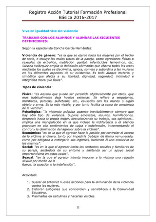 Registro Acción Tutorial Formación Profesional
Básica 2016-2017
11
Vive en igualdad vive sin violencia
TRABAJAR CON LOS ALUMNOS Y ALUMNAS LAS SIGUIENTES
DEFINICIONES:
Según la especialista Concha García Hernández:
Violencia de género: “es la que se ejerce hacia las mujeres por el hecho
de serlo, e incluye los malos tratos de la pareja, como agresiones físicas o
sexuales de extraños, mutilación genital, infanticidios femeninos, etc.
Susana Velázquez amplia la definición afirmando que abarca todos los actos
mediante los cuales se discrimina, ignora, somete y subordina a las mujeres
en los diferentes aspectos de su existencia. Es todo ataque material y
simbólico que afecta a su libertad, dignidad, seguridad, intimidad e
integridad moral y/o física”.
Tipos de violencia:
Física: “es aquella que puede ser percibida objetivamente por otros, que
mas habitualmente deja huellas externas. Se refiere a empujones,
mordiscos, patadas, puñetazos, etc., causados con las manos o algún
objeto o arma. Es la más visible, y por tanto facilita la toma de conciencia
de la víctima”.
Psicológica: “la violencia psíquica aparece inevitablemente siempre que
hay otro tipo de violencia. Supone amenazas, insultos, humillaciones,
desprecio hacia la propia mujer, desvalorizando su trabajo, sus opiniones…
Implica una manipulación en la que incluso la indiferencia o el silencio
provocan en ella sentimientos de culpa e indefensión, incrementando el
control y la dominación del agresor sobre la víctima”.
Económica: “es en la que el agresor hace lo posible por controlar el acceso
de la víctima al dinero, tanto por impedirla trabajar de forma remunerada,
como por obligarla a entregarle sus ingresos, haciendo él uso exclusivo de
los mismos”.
Social: “es en la que el agresor limita los contactos sociales y familiares de
su pareja, aislándola de su entorno y limitando así un apoyo social
importantísimo en estos casos”.
Sexual: “en la que el agresor intenta imponer a la victima una relación
sexual por medio de la
fuerza, la coacción o la indefensión”.
Actividad:
1. Buscar en Internet nuevas acciones para la eliminación de la violencia
contra las mujeres.
2. Elaborar eslóganes que conciencien y sensibilicen a la Comunidad
Educativa.
3. Plasmarlos en cartulinas y hacerlas visibles.
 