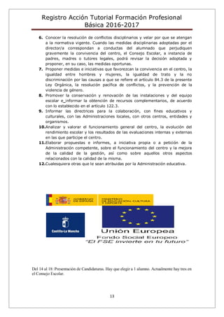 Registro Acción Tutorial Formación Profesional
Básica 2016-2017
13
6. Conocer la resolución de conflictos disciplinarios y velar por que se atengan
a la normativa vigente. Cuando las medidas disciplinarias adoptadas por el
director/a correspondan a conductas del alumnado que perjudiquen
gravemente la convivencia del centro, el Consejo Escolar, a instancia de
padres, madres o tutores legales, podrá revisar la decisión adoptada y
proponer, en su caso, las medidas oportunas.
7. Proponer medidas e iniciativas que favorezcan la convivencia en el centro, la
igualdad entre hombres y mujeres, la igualdad de trato y la no
discriminación por las causas a que se refiere el artículo 84.3 de la presente
Ley Orgánica, la resolución pacífica de conflictos, y la prevención de la
violencia de género.
8. Promover la conservación y renovación de las instalaciones y del equipo
escolar e informar la obtención de recursos complementarios, de acuerdo
con lo establecido en el artículo 122.3.
9. Informar las directrices para la colaboración, con fines educativos y
culturales, con las Administraciones locales, con otros centros, entidades y
organismos.
10.Analizar y valorar el funcionamiento general del centro, la evolución del
rendimiento escolar y los resultados de las evaluaciones internas y externas
en las que participe el centro.
11.Elaborar propuestas e informes, a iniciativa propia o a petición de la
Administración competente, sobre el funcionamiento del centro y la mejora
de la calidad de la gestión, así como sobre aquellos otros aspectos
relacionados con la calidad de la misma.
12.Cualesquiera otras que le sean atribuidas por la Administración educativa.
Del 14 al 18: Presentación de Candidaturas. Hay que elegir a 1 alumno. Actualmente hay tres en
el Consejo Escolar.
 